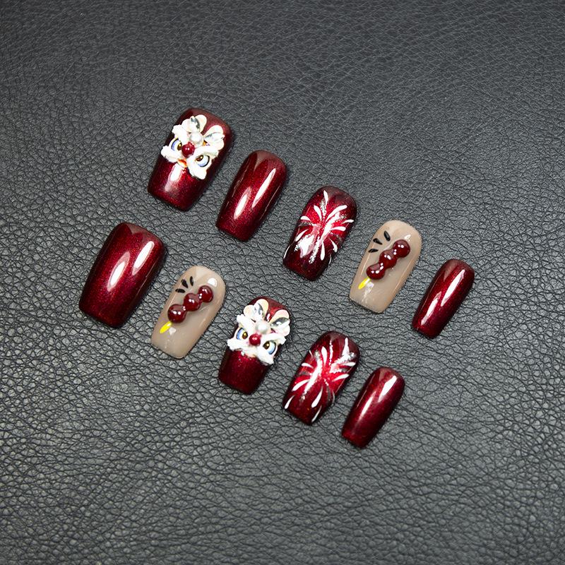 Hand-Painted Fireworks Lion Cat Eye Press-on Nails - Autumn/Winter Bestseller XS