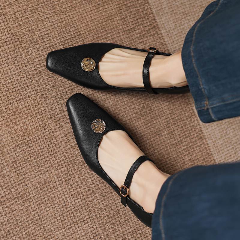 Krazing Pot Microfiber Square Toe Thick Med Heels Spring Summer Shoes Big Size 43 Metal flowers Women Shallow Pumps