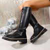 Lace-Up Front Tall Boots Women's Round Toe Platform Anti-Slip Wear-Resistant Block Heel Single Boots