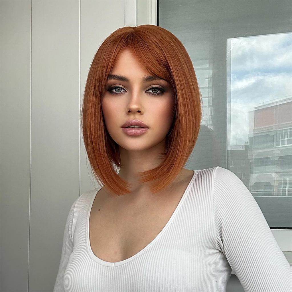 Perruques synthétiques BOB courtes lisses Orange avec frange, perruque en Fiber résistante à la chaleur pour femmes, Cosplay quotidien