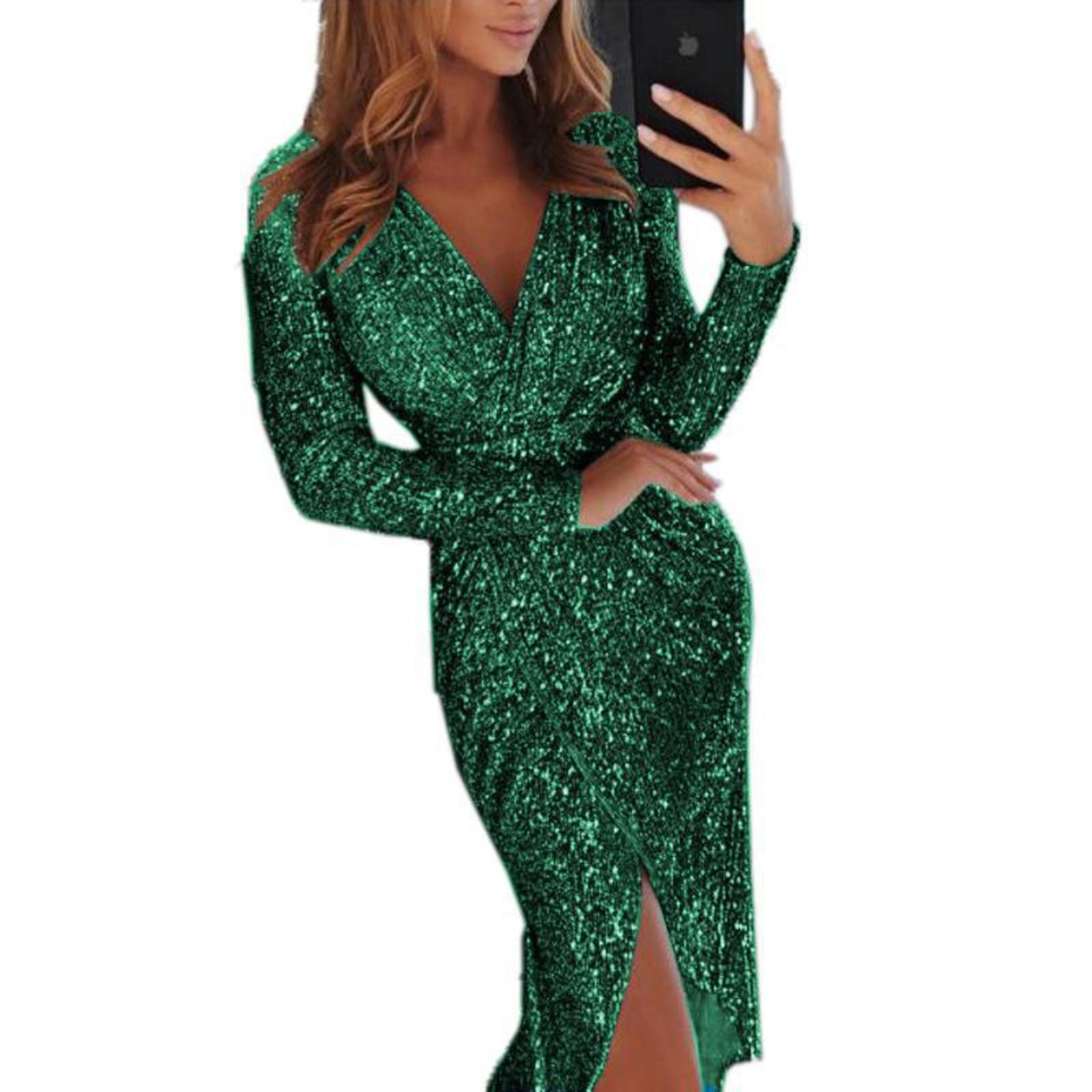 

Sexy Long-sleeved V-neck Evening Dress With Gold Foil Embellishment, Perfect For Evening Events And Slits. XXL зелений