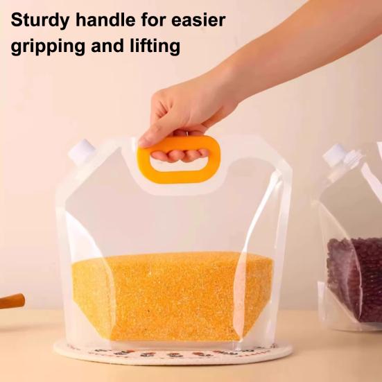 Airtight Food Storage Bag with Lid Freestanding Rice Storage Pouch Sealed Reusable Grain Storage Bag for Flour Beans Kitchen Cabinet Pantry