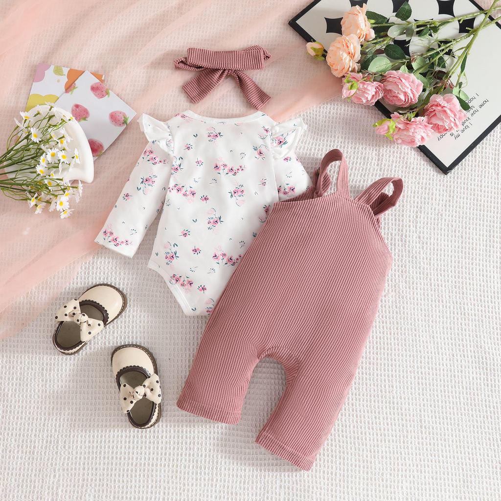 Floral Long Sleeve Bodysuit & Animal Corduroy Overalls Set for Baby Girls