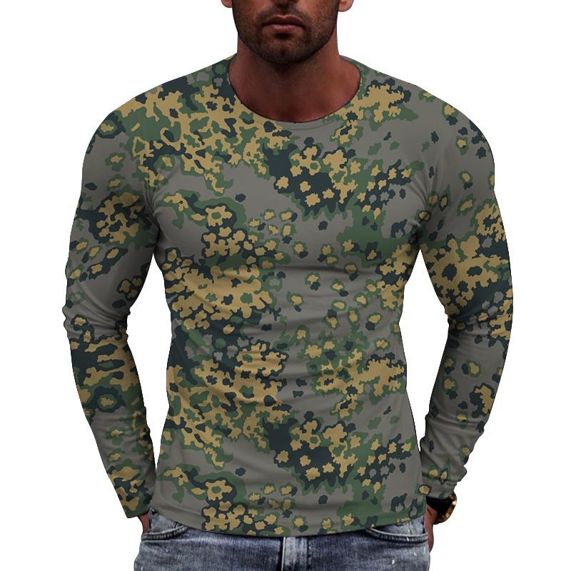 Men's Camouflage Printed Long Sleeve T-shirt European Size Casual round Neck Top Trendy Autumn Wear