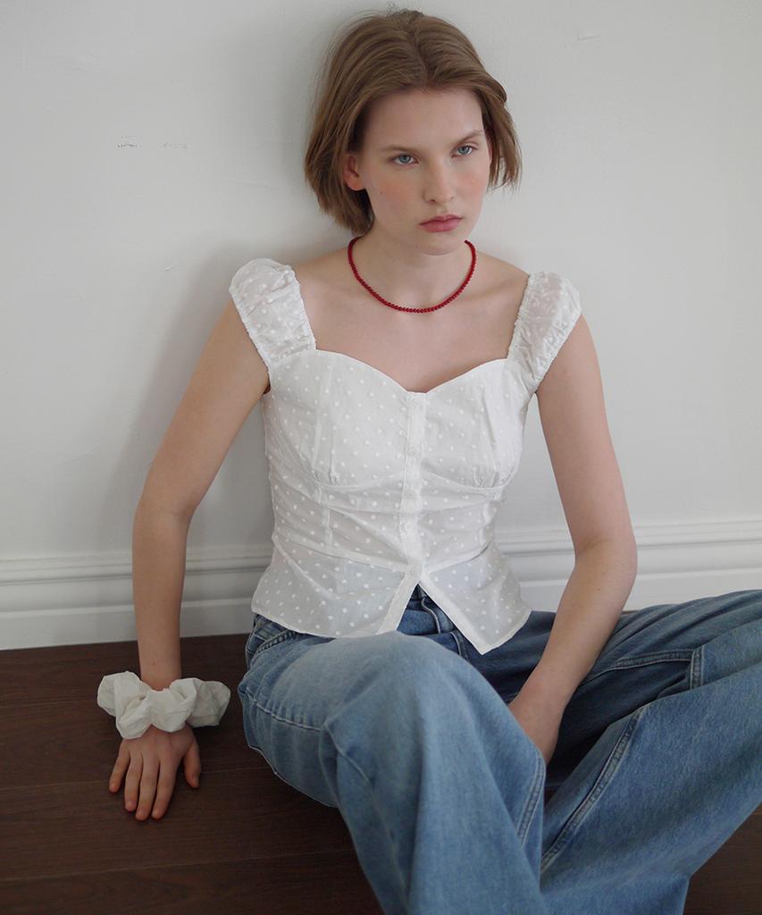 AFTERHOURS Heart Neck Dot Blouse (White)