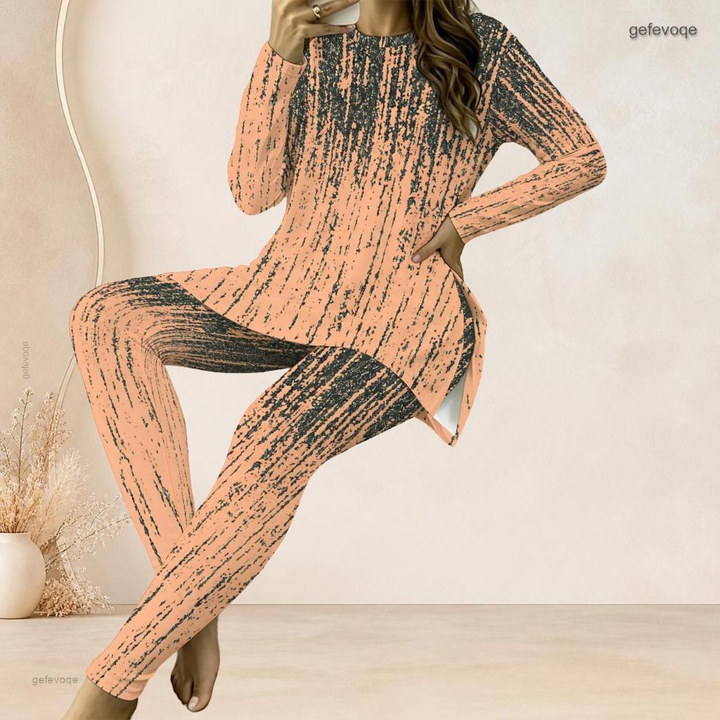 Women Plus Size Blue Pink White Printed Two Piece Set Round Neck Long Sleeve Longline Top Fitted Long Pants