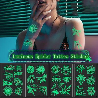 Adesivi luminosi per tatuaggi di Halloween Tatuaggi temporanei finti ragno Pasta luminosa sull'adesivo per body art sul viso, braccio e gamba per la festa notturna