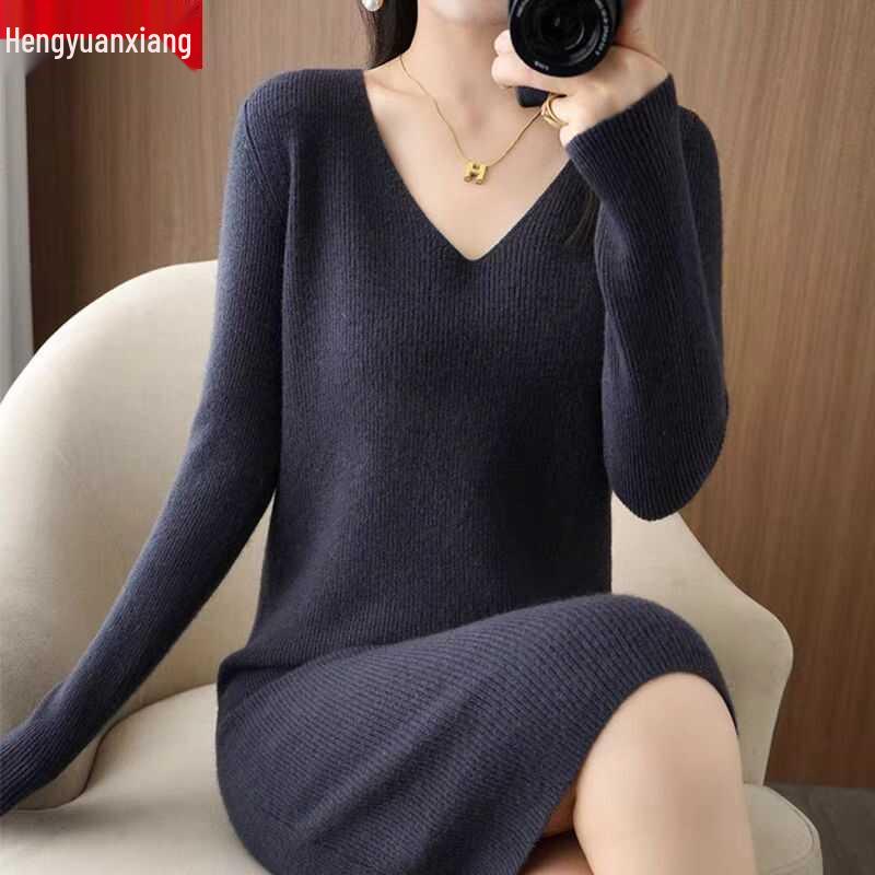 Hengyuanxiang Women's V-Neck Cashmere Sweater Dress - Mid-Length, Long Sleeve, Knitted