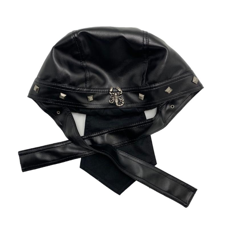 A52E Punk PU Leather Turban Hat Skull Cap Adjustable Strap Rivet Studded Bandana Hat