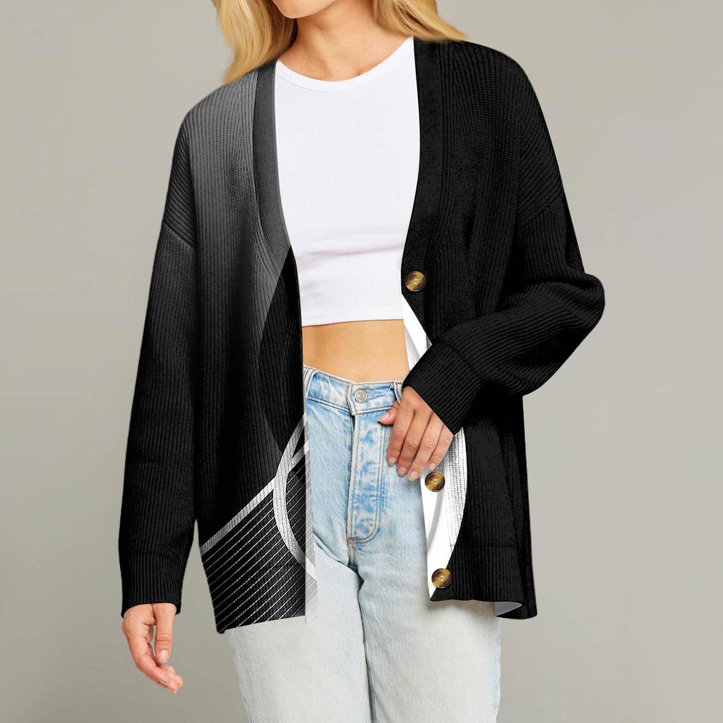 Women's Fashion Long Sleeve Print V-Neck Button Loose Cardigan Top