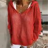 Yellow Loose V Neck Hooded Mesh Knit Top