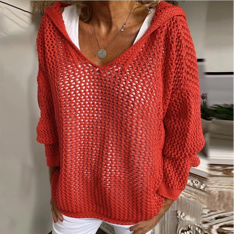 Yellow Loose V Neck Hooded Mesh Knit Top