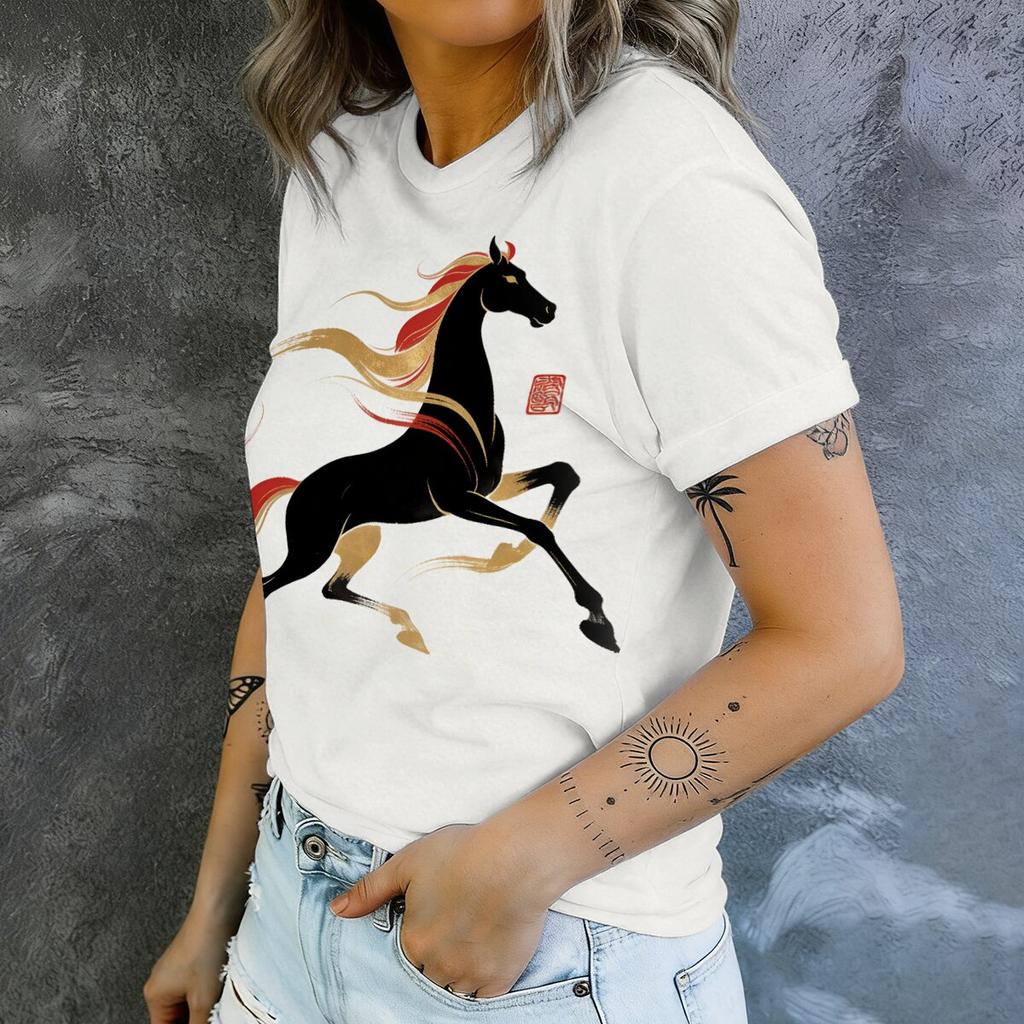 Simple and Personalized Black Horse Print Summer Women's Round Neck Short Sleeved T-shirt Fashionable and Versatile Daily Top