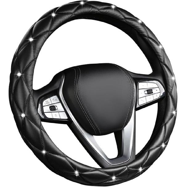 Bling Car Steering Wheel Cover, 15 Inch Non-Slip Soft Leather Auto Wheel Cover, Crystal Rhinestone Steering Wheel Cover for Women Girls, Universal чёрный