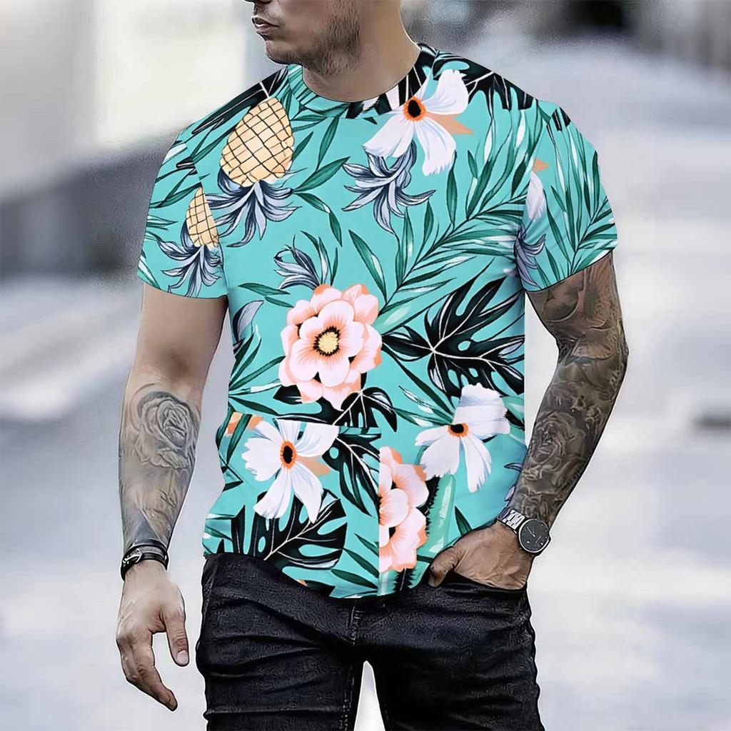 Women Short Sleeve Crew Neck T Shirt White Pink Blue Yellow Tropical Palm Leaf Print Top