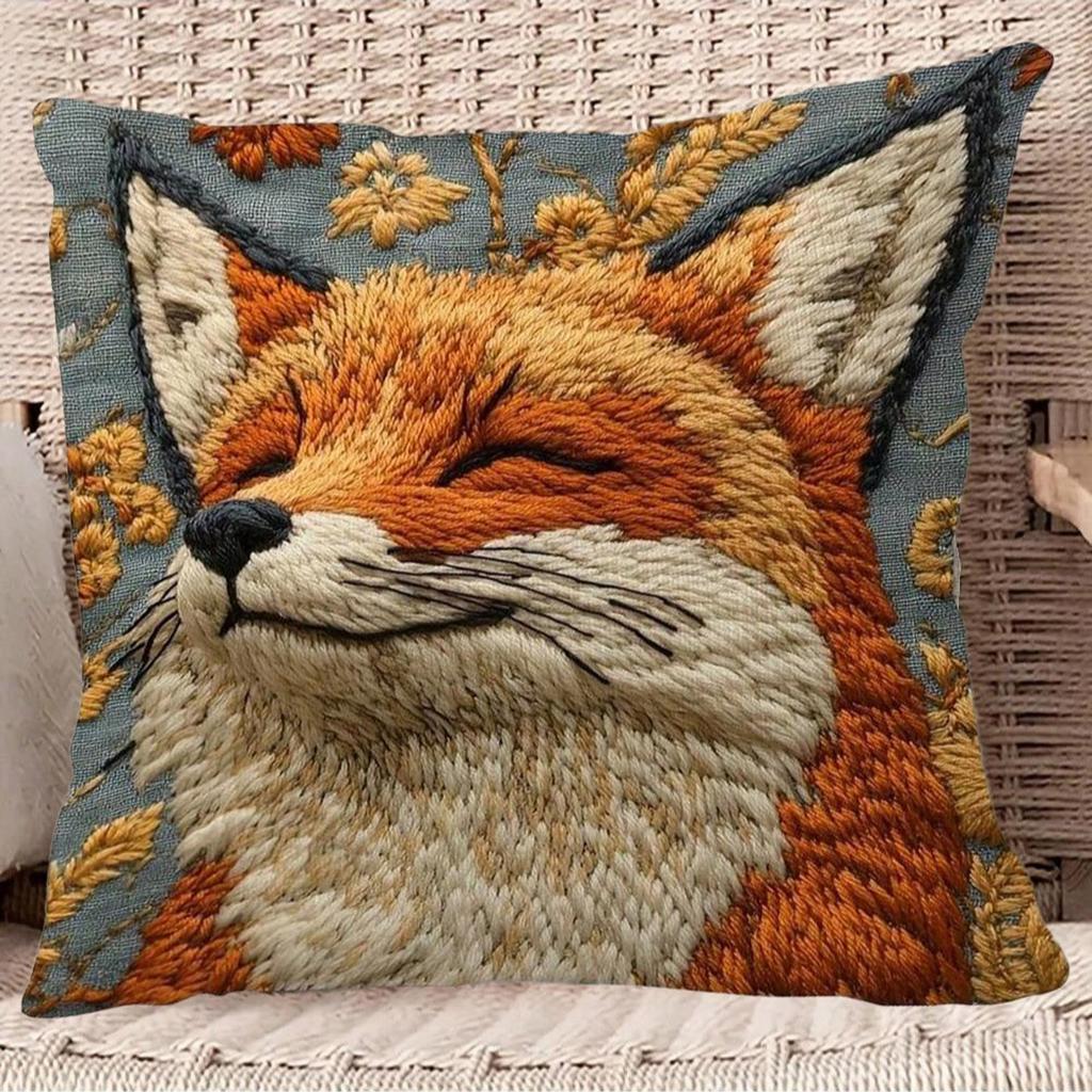 Linen Decorative Throw Pillow Cover with Fox Embroidery Design for Sofa Chair Bed Home Winter Holiday 2D Pattern Zipper Closure