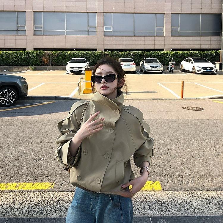 Women's Stand Collar Double Breasted Cropped Trench Coat Loose Fit Long Sleeve Solid Polyester Windbreaker Jacket
