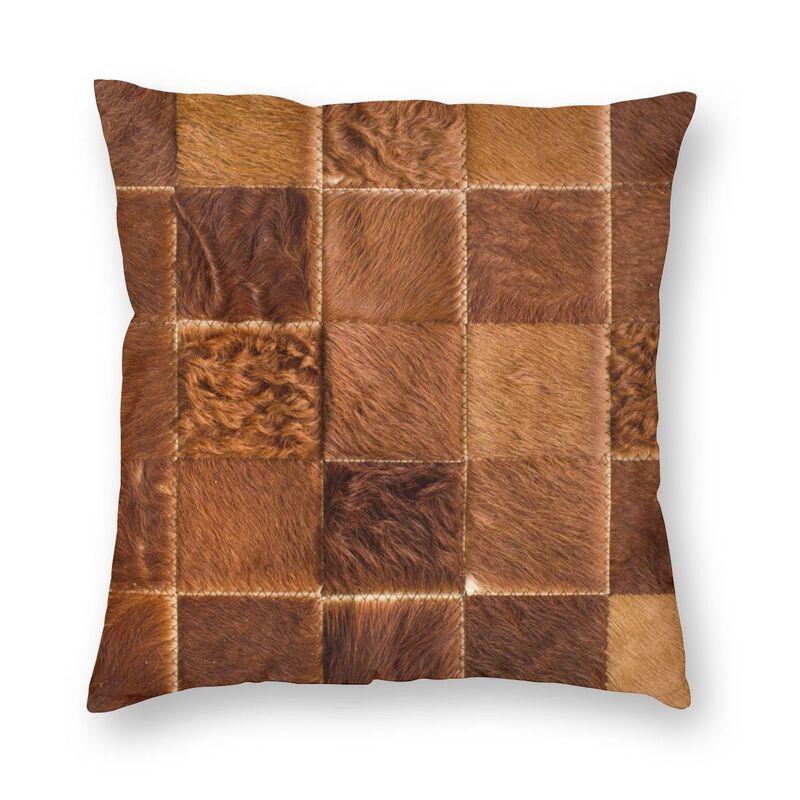Lu Xika Chen Unisex Brown Checkered Cowhide Patche Pillow Case Home Decor Square Animal Fur Leather Texture Cushion Cover 45X45 Pillowcover For Sofa