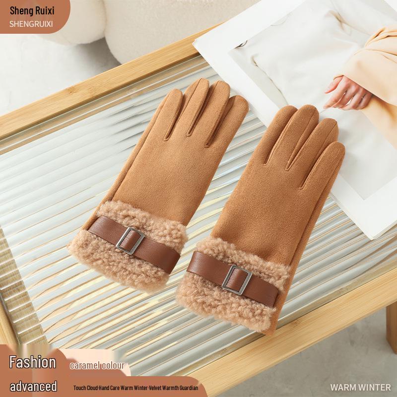 

Женские зимние велосипедные перчатки с сенсорным экраном - Толстые, теплые, замшевые, с дизайном пряжки One Size