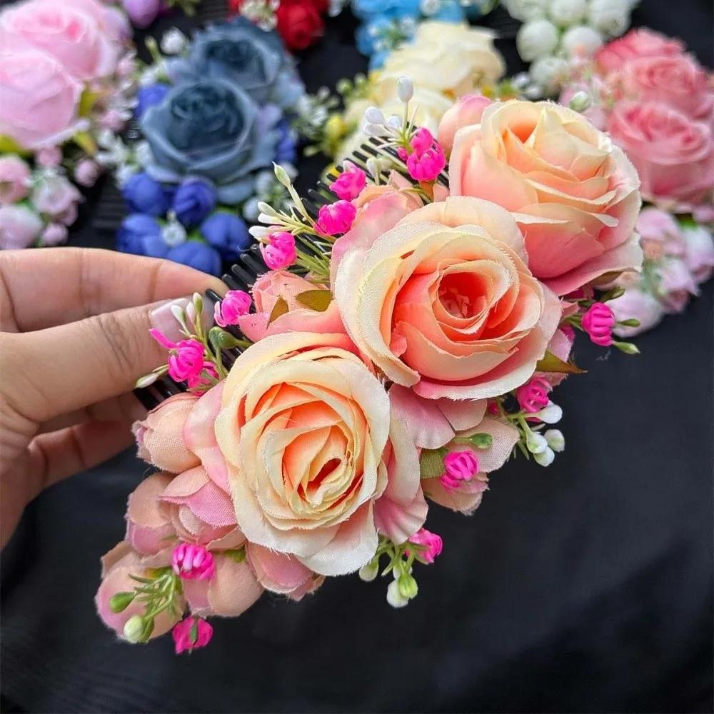 Handmade Sweet Flowers Hairpin Rose Floral Headwear Rose Hair Comb Plastic Cloth Chignon Hair Clips Girls
