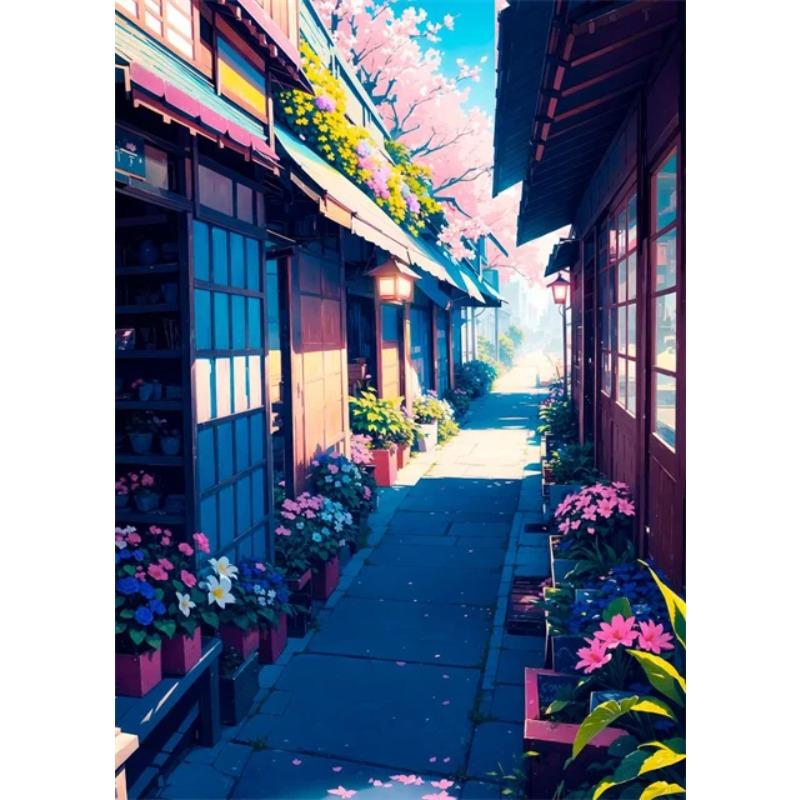 Japanese Street Scenery Cherry Blossom Architecture Canvas Poster Flowers Plants Landscape Wall Art Prints for Modern Home Decor