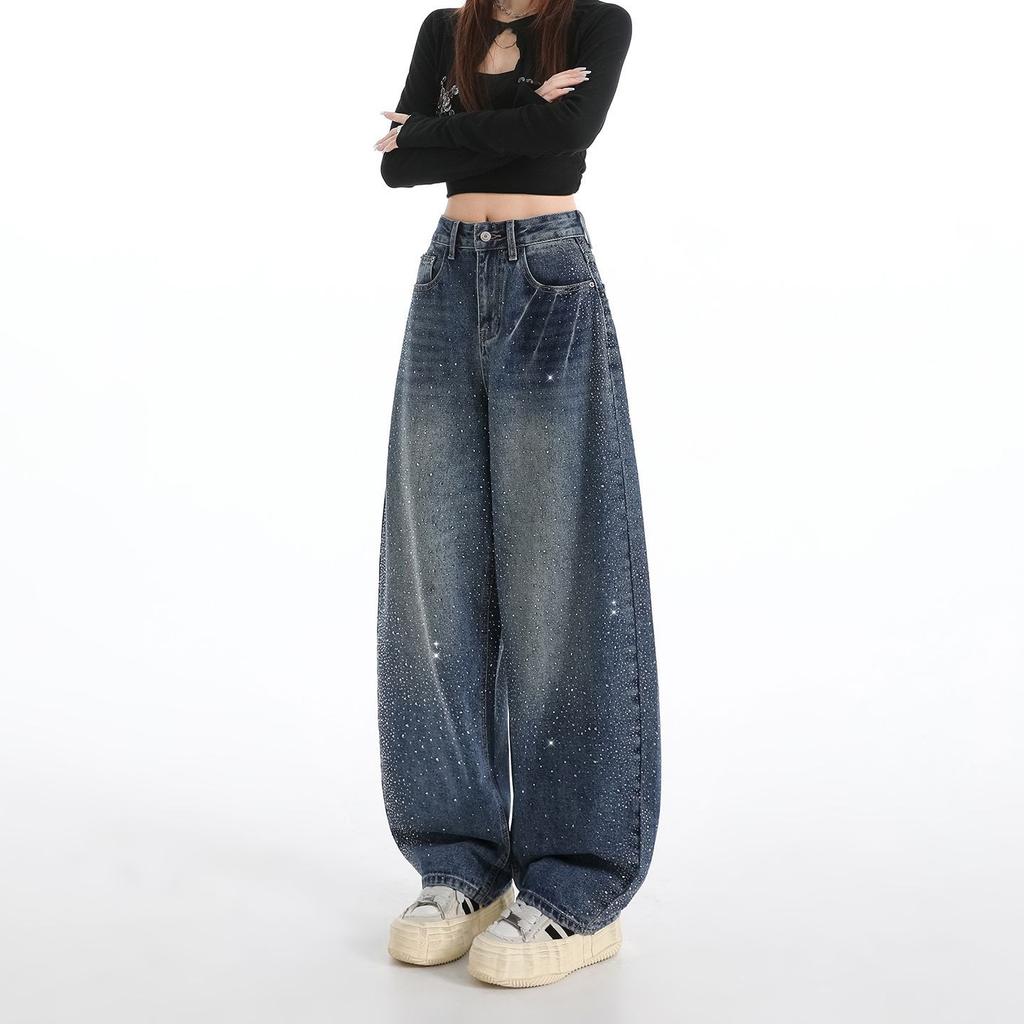 Women's High Rise Wide Leg Jeans Loose Fit Rhinestone Washed Denim Pants Non Stretch Streetwear Long Floor Length Trousers