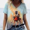 Summer Fashion Ladies Riding Horses 3D Personality Printed T-shirt Women's Loose Comfortable Soft Breathable V-neck Short Sleeved T-shirt