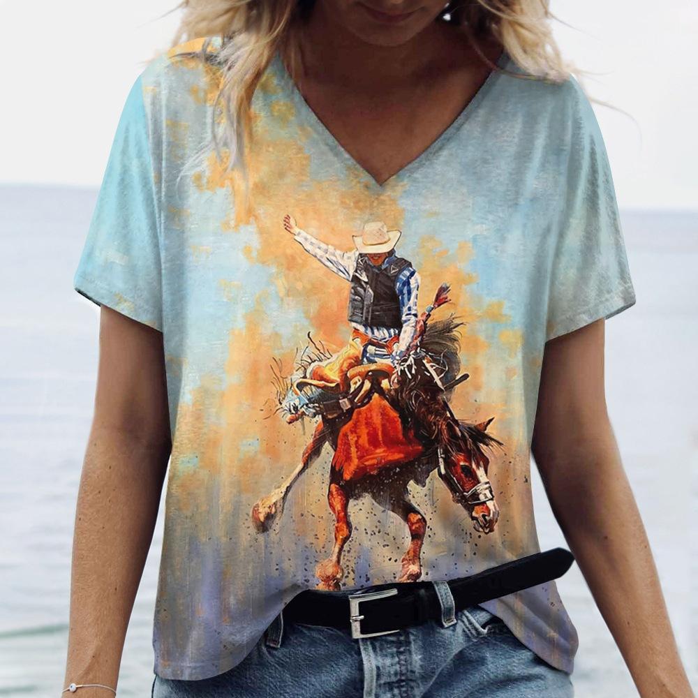 Summer Fashion Ladies Riding Horses 3D Personality Printed T-shirt Women's Loose Comfortable Soft Breathable V-neck Short Sleeved T-shirt