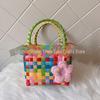 Women's Woven Summer Beach Tote: Simple Plastic Handbag, Small Square Design for Shopping and Kids.