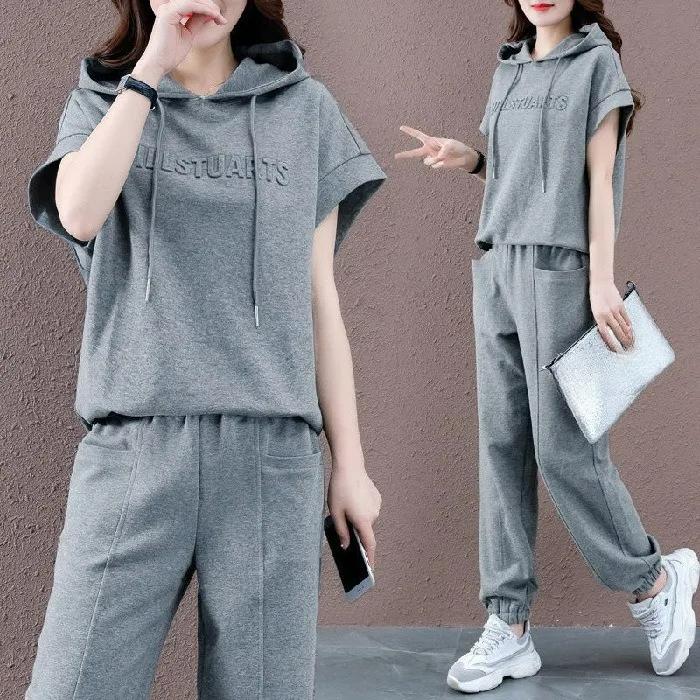 Plus Size Women's Fat Sister Summer Loose and Thin Casual Sports Suit Fashion Hooded Two-piece Suit