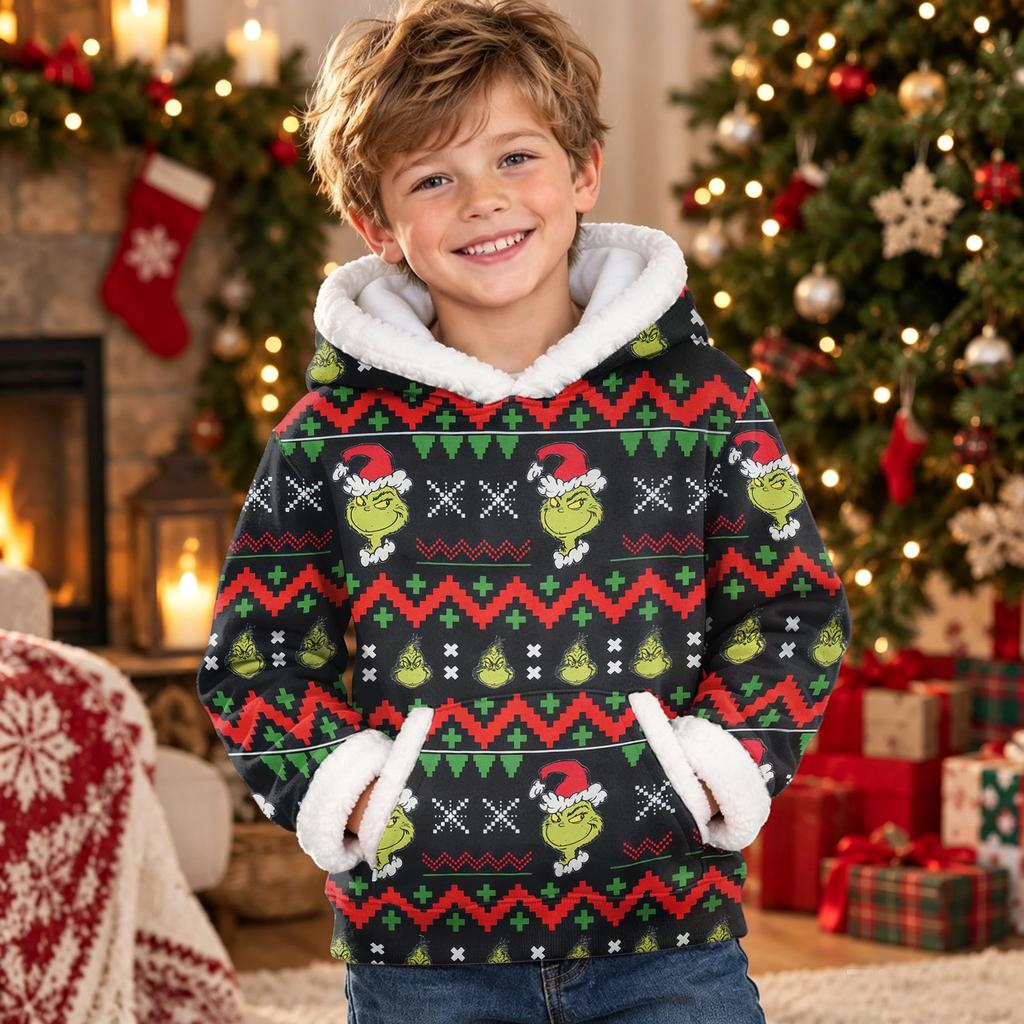 Kids Long Sleeve Christmas Print Hooded Sweatshirt Casual Pullover Top for Holiday