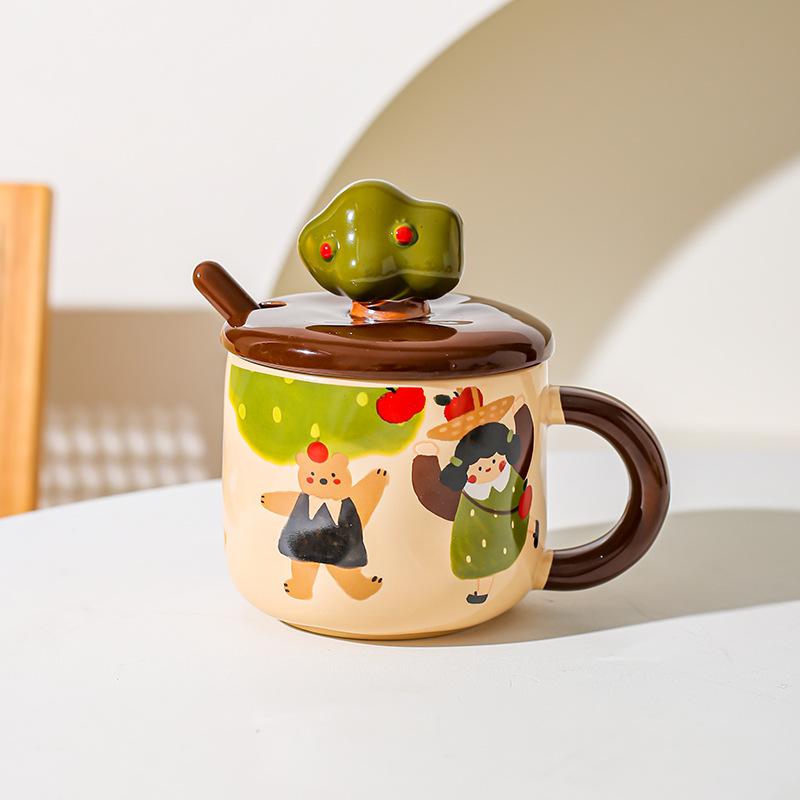Apple Tree Girl Ceramic Vintage High Value With Lid Spoon Office Water Cup Coffee Cup Breakfast Cup