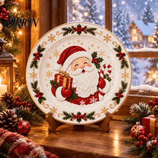 Round Plate Decor Wooden Christmas Plate, Santa Snowman Stocking Tree Bell Sleigh Dish Xmas Party Supplies Decor, Tabletop Ornament for Home