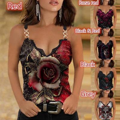 Damen Mode Sommer Spitze ärmelloses V-Ausschnitt Rose Blumendruck Sling Casual Weste Tank Top