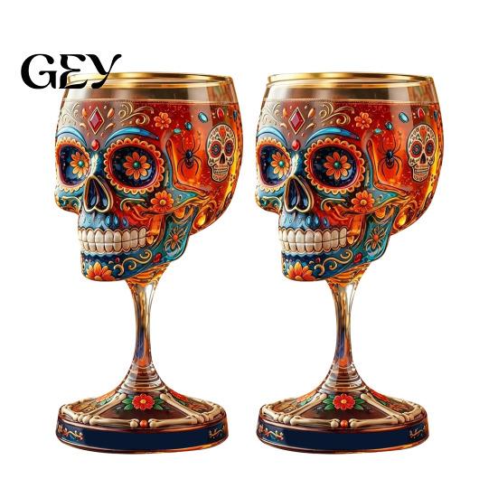 Gothic Skull Wine Chalice Glass, Hand Painted Skeleton Goblet, Day Halloween Glass Decoration of The Dead Decor, Unique Bar Gift for Themed