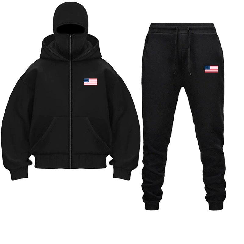 USA Hat Hoodies Pants Set Autumn Winter Balaclava Hooded Sweatshirt Trendy Hip Hop Men Women Couple Face Mask Zipper Hoodie