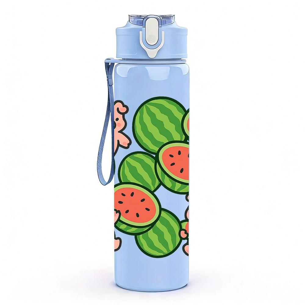 1PC Pig Watermelon Repeat Pattern 750ml Color Plastic Sports Water Bottle Leakproof Flip Straw Lid Suitable for Sports Office Home Use