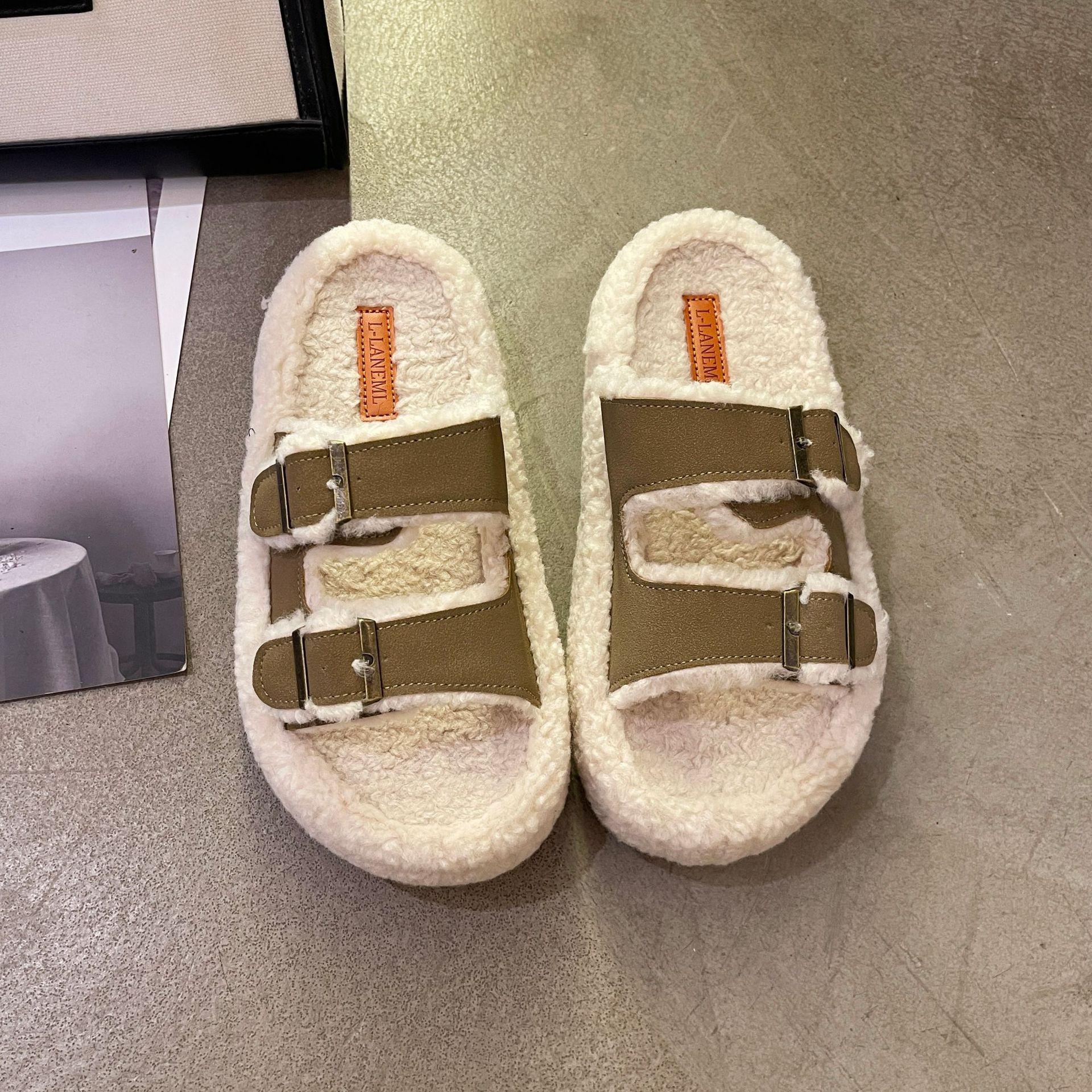 

Большой размер 2025 осень и зима толстая подошва ремешок в одно слово набивные утолщенные тапочки из овечьей шерсти термообувь тапочки с двойной пряжкой 41