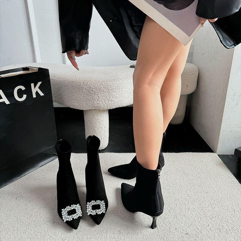High Heel Suede Hepburn Style Skinny Boots Rhinestone Pointed Heel Skinny Socks Boots