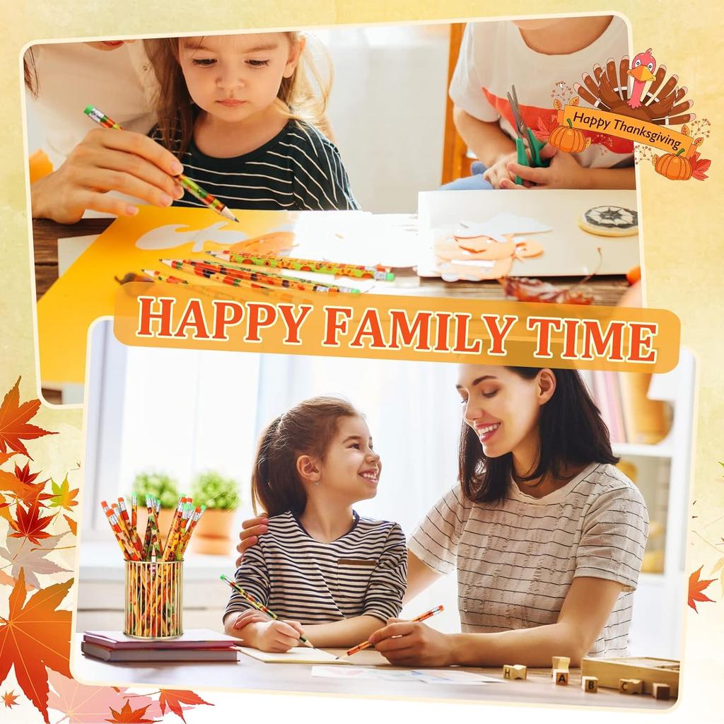 Crtiin 50 Pcs Fall Pencil Thanksgiving Assortment Wood Pencils Autumn Cylinder Funny Pencils Maple Leaf Turkey Pumpkin Decorative Pens for Kids