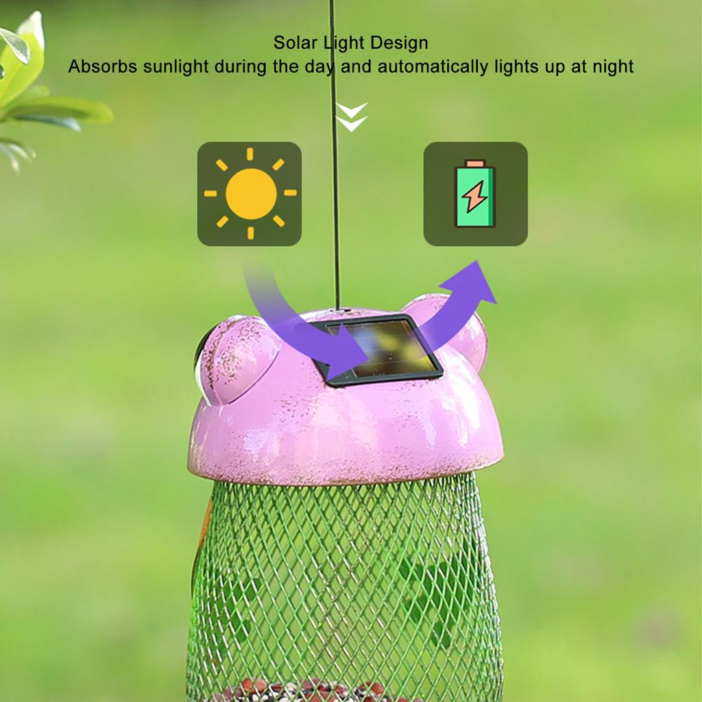 Hanging Bird Feeder with Solar Light Iron Art Frog Decorative Bird Feeder for Outdoor Courtyard Balcony
