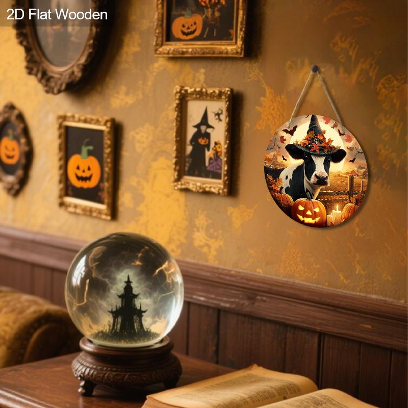 2D Flat 1pc Wooden Halloween Vintage Decorative Sign,Cow with Witch Hat and Pumpkin Pattern Design, Wall Hanging Decor,Ideal Halloween Festive Gift