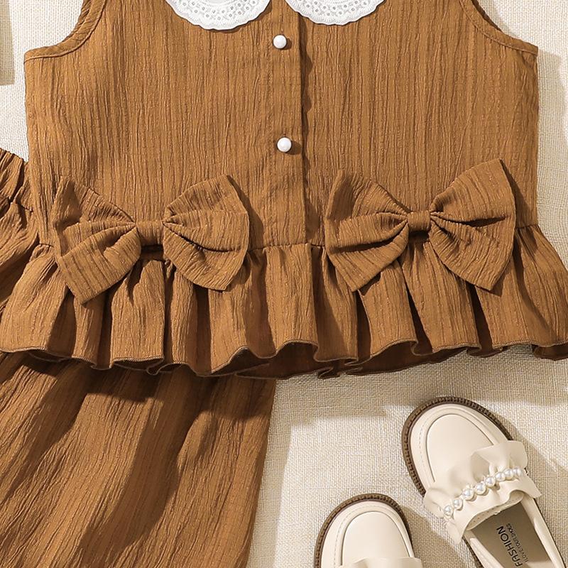 Girls' Fashion Set 2025 Spring/Summer Children's Cute Lace Lace Bow Top and Shorts Set