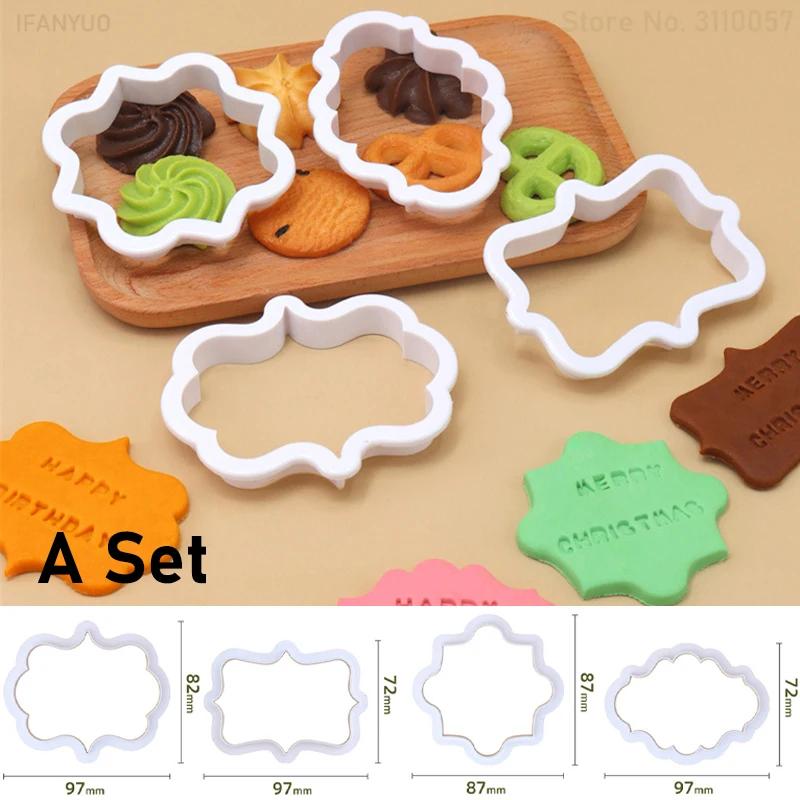 2023 New Vintage Plaque Frame Cookie Cutters Name Plate Plastic Biscuit Mould Cake Decorating Tools Letters Baking Tools 4PCS