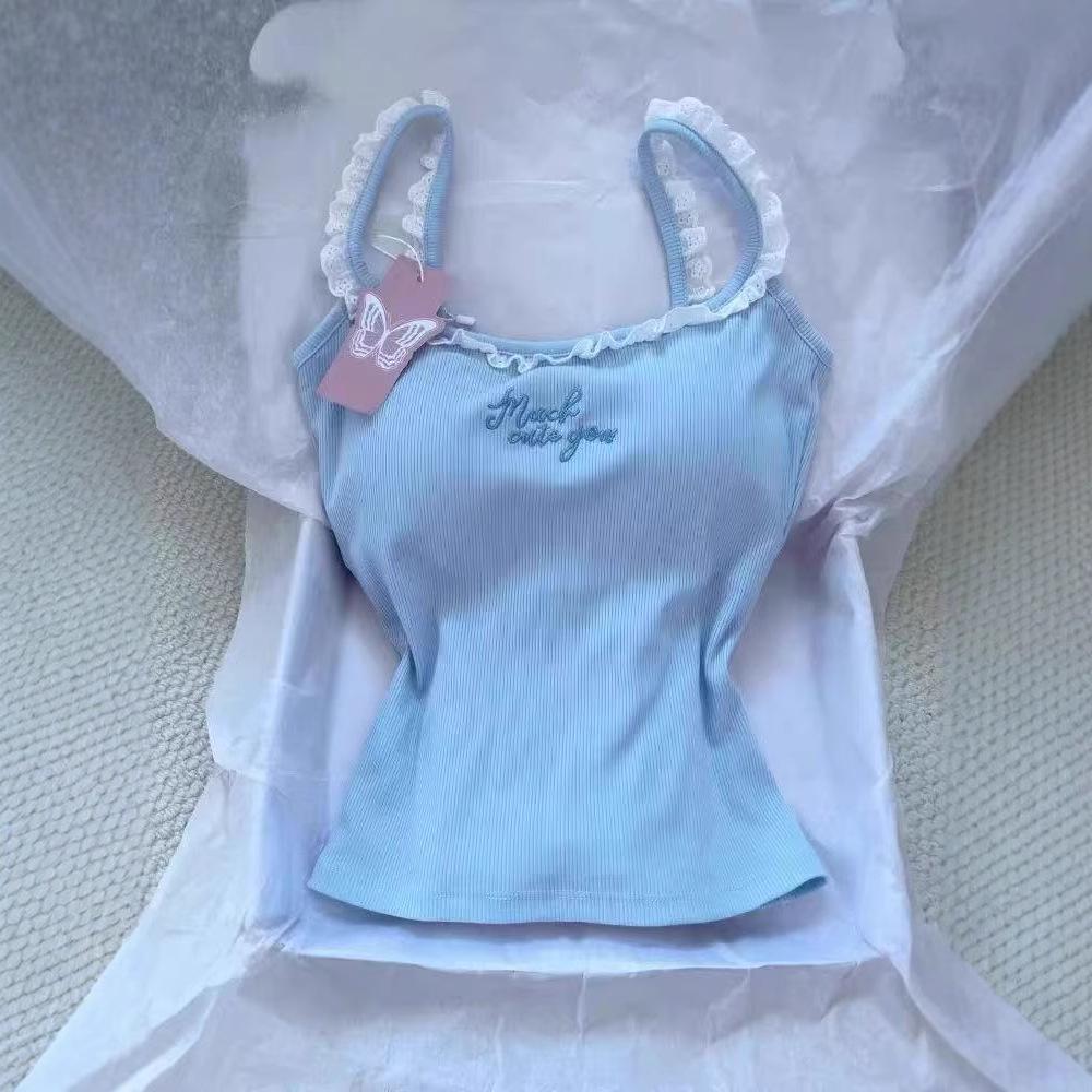 Dopamin Blaue Spitze Gepolstertes Camisole Tanktop - Damen Innen-/Oberbekleidung mit Schönem Rückendesign.