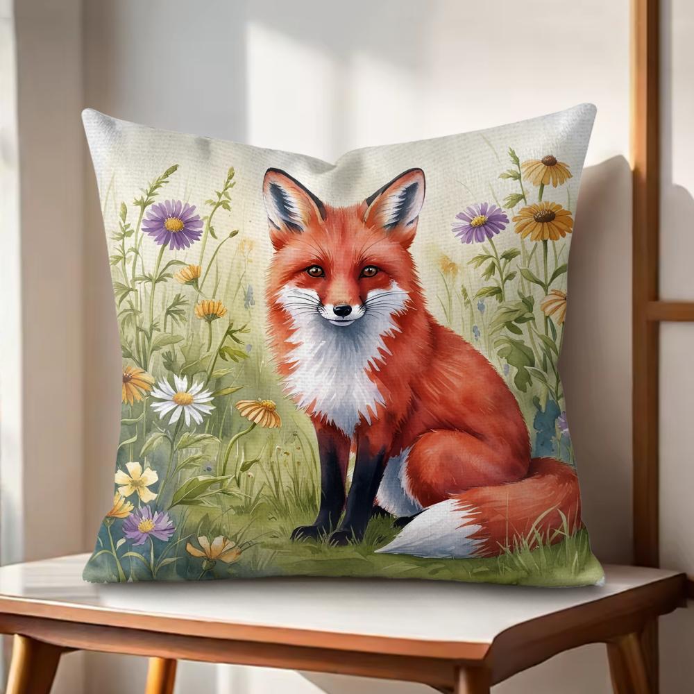 Fox printed Cushion Cover Natural Linen Organic Fabric DoubleSided Printing Couch Pillow Covers Home Decor Gift
