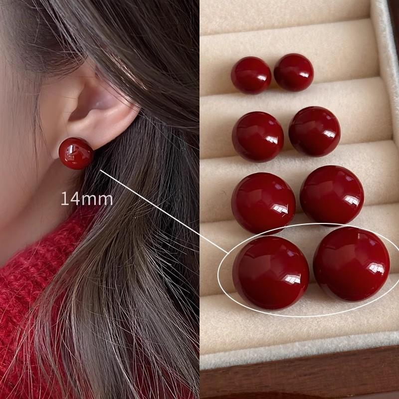 

burgundy jelly bean pearl stud earrings autumn and winter Hong Kong style literary and retro circle earrings design earrings