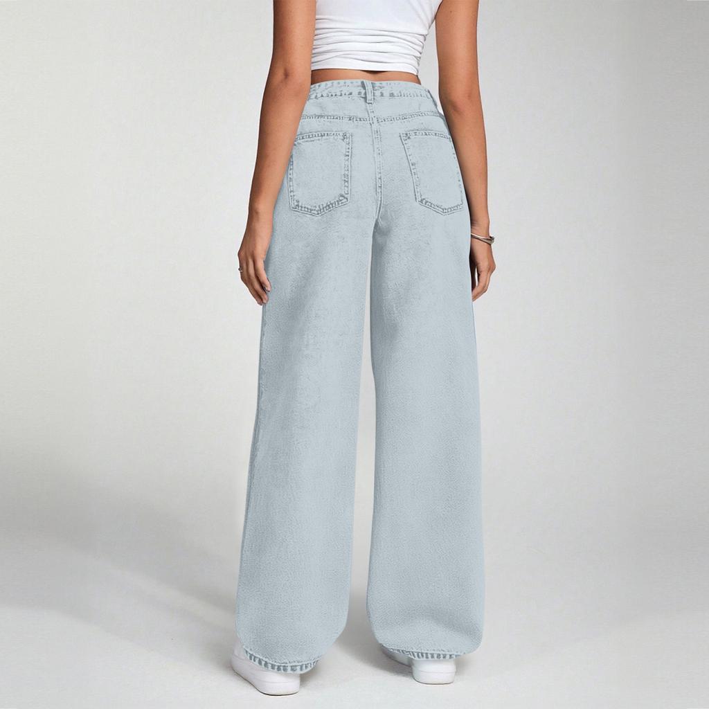 Damen High Waist Straight Leg Loose Casual Hose Jeans