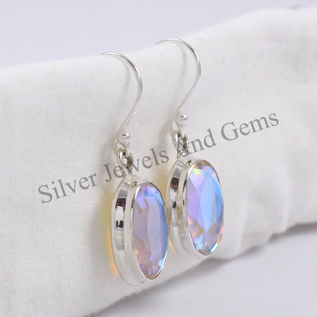 Natural Angel Aura Quartz Earrings, Handmade Earrings, 925 Sterling Silver Oval Aura Quartz Earrings, Gift for Her