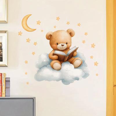Süßer Cartoon-Teddybär mit Wolken, Sternen und Mond Wandaufkleber, Selbstklebende Dekoration für Kinderzimmer Schlafzimmerdekoration
